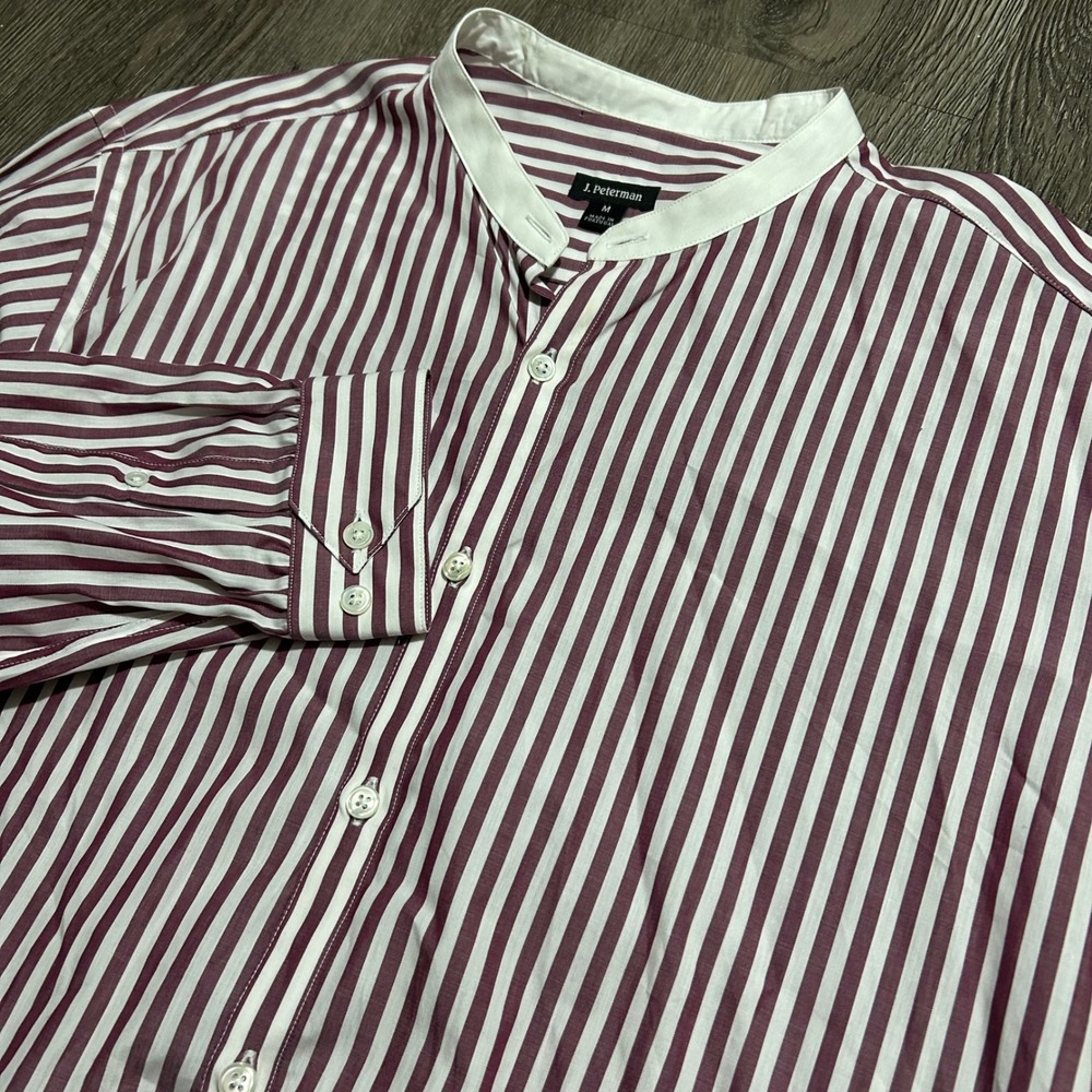 J. Peterman Button Down Shirt Size M Burgundy Striped Band Collar Cotton (FLAW)